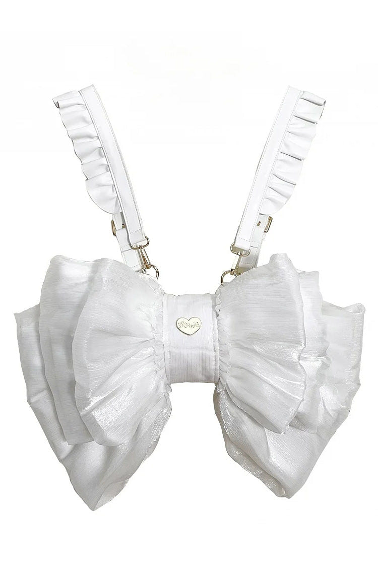 White Big Bowknot Metal Heart Nameplate Lolita Backpack - White - 1