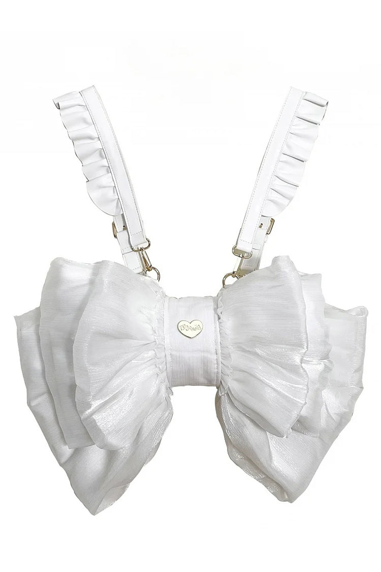 White Big Bowknot Metal Heart Nameplate Lolita Backpack - White - 1
