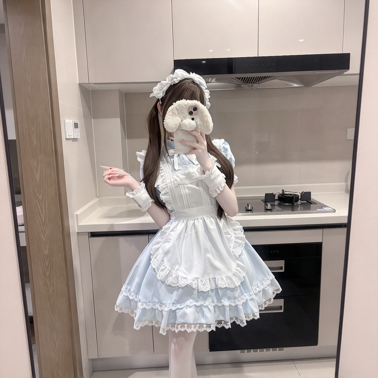 Light Blue and White Ruffled Maid Lolita Halter Dress with Apron Accent - view 2