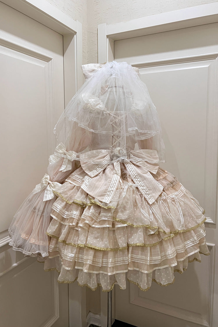 Apricot [Coronation] Long Trumpet Sleeves Multi-Layered Ruffle Bowknot Lace Sweet Gorgeous Lolita Dress Set - Product - 5