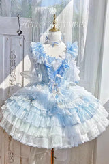 Blue [Tulip and Wind Chime] Multi-Layered Ruffle Bowknot Lace Sweet Gorgeous Lolita Jsk Dress - Blue - 1