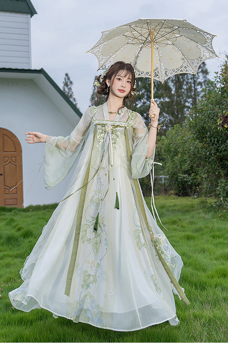 Green [Jade Green Grapes] High Waisted Embroidered Women's Sweet Hanfu Dress Set - Product - 4
