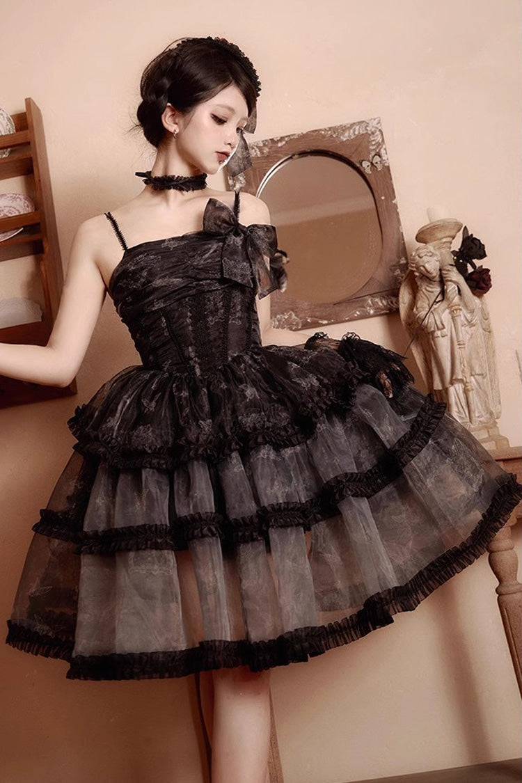 Black Multi-layer Butterfly Print Bowknot Lace Fish Bone Gothic Lolita Jsk Dress - Black - 1