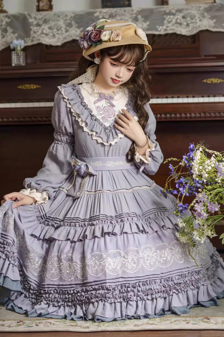 Purple Long Sleeves Ruffle Embroidery Bowknot Sweet Plus Size Elegant Lolita Dress - Product - 3