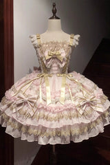 White [Gilded Memories] Sleeveless Double-Layered Ruffle Hot Stamping Bowknot Lace Sweet Lolita Jsk Dress - Pink - 6