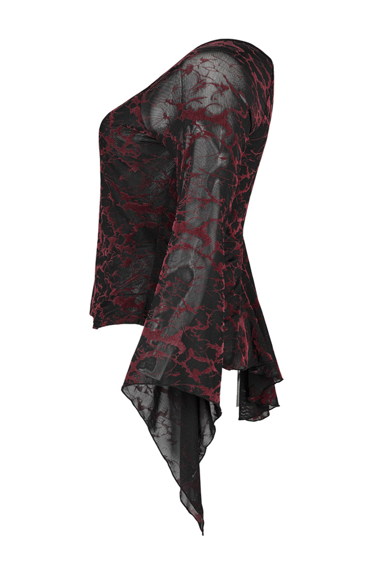 Red V Neck Stretch Mesh Fabric Abstract Pattern Design Flared Cuffs Women's Plus Size Gothic T-Shirt - Product - 6