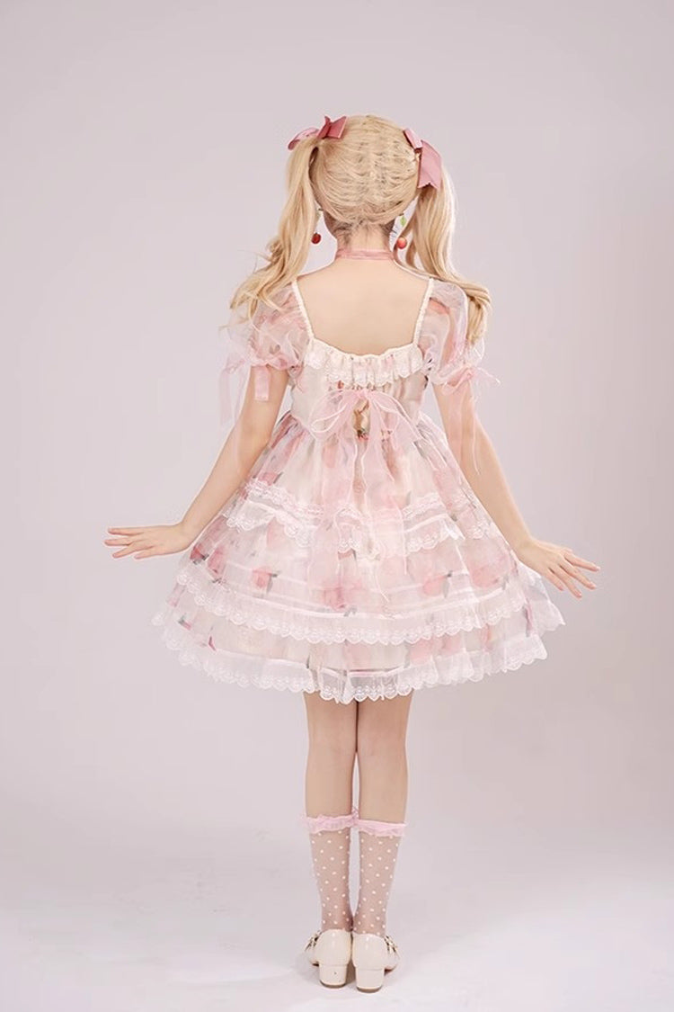 Pink Chiffon Organza Short Sleeves Multi-layer Peach Print Sweet Lolita Jsk Dress - Product - 2