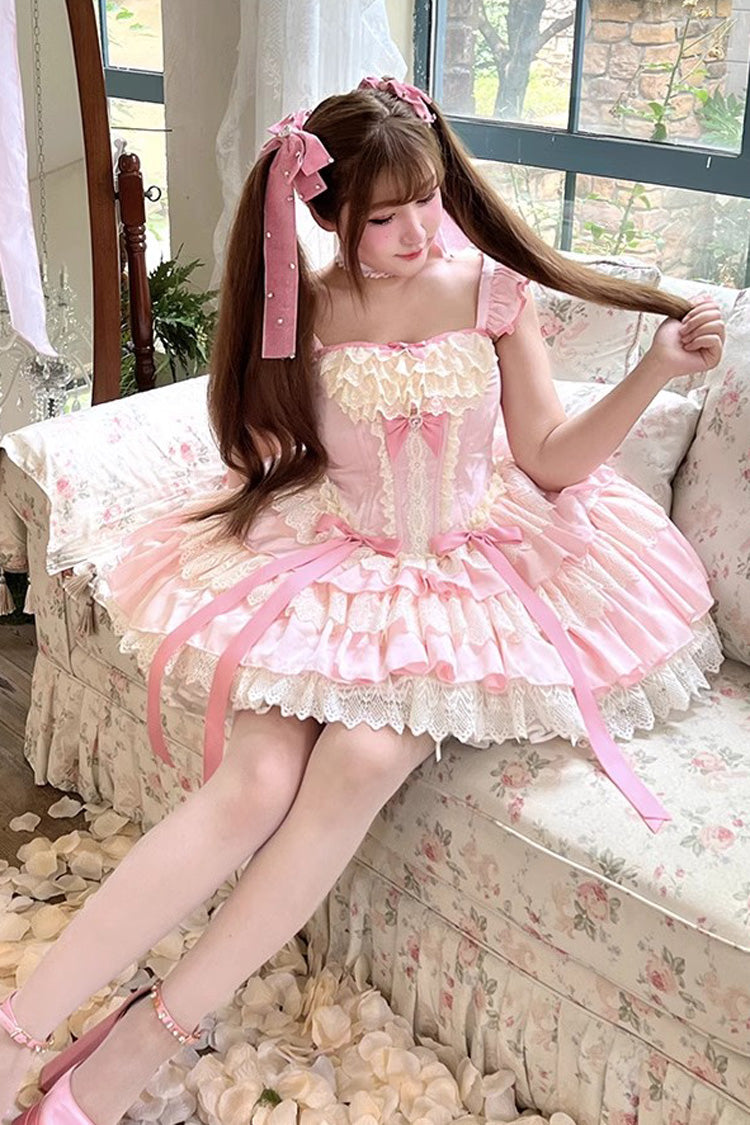 Pink [Strawberry Candy] Multi-Layered Ruffle Bowknot Lace Sweet Ballet Lolita Dress - Product - 7