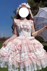 Pink [Heart Bear] Square Collar Flutter Sleeves Jacquard Ruffled Bow Lace Sweet Lolita Jsk Dress - Pink - 1