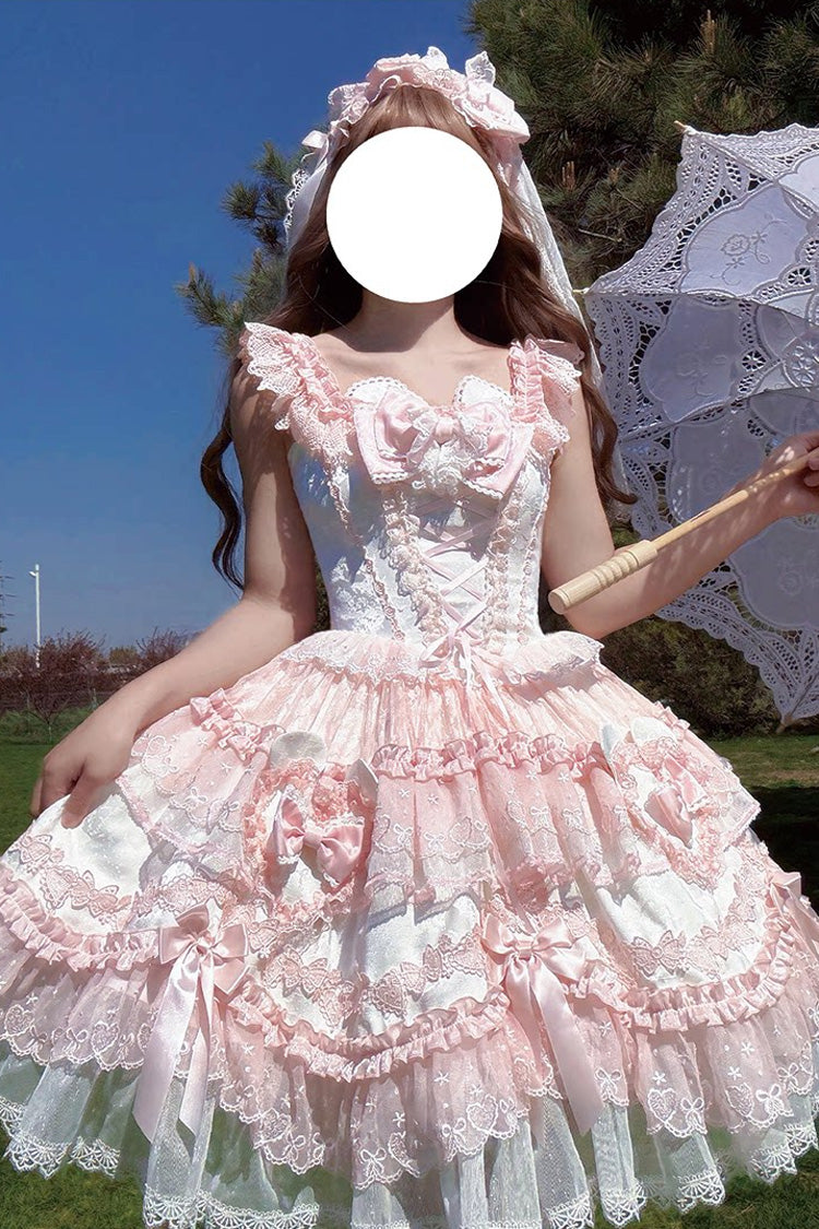 Pink [Heart Bear] Square Collar Flutter Sleeves Jacquard Ruffled Bow Lace Sweet Lolita Jsk Dress - Pink - 1