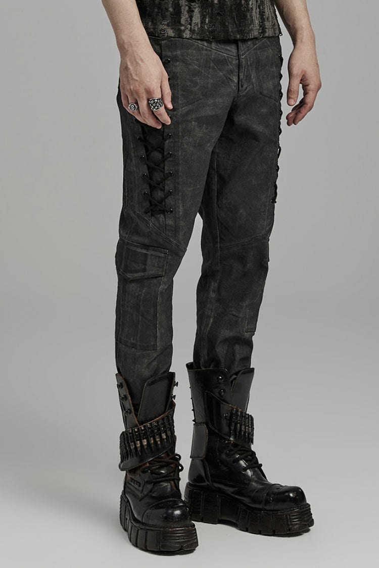 Black Lace-Up Straps  Big-pocket Men's Punk Pants - Product - 2