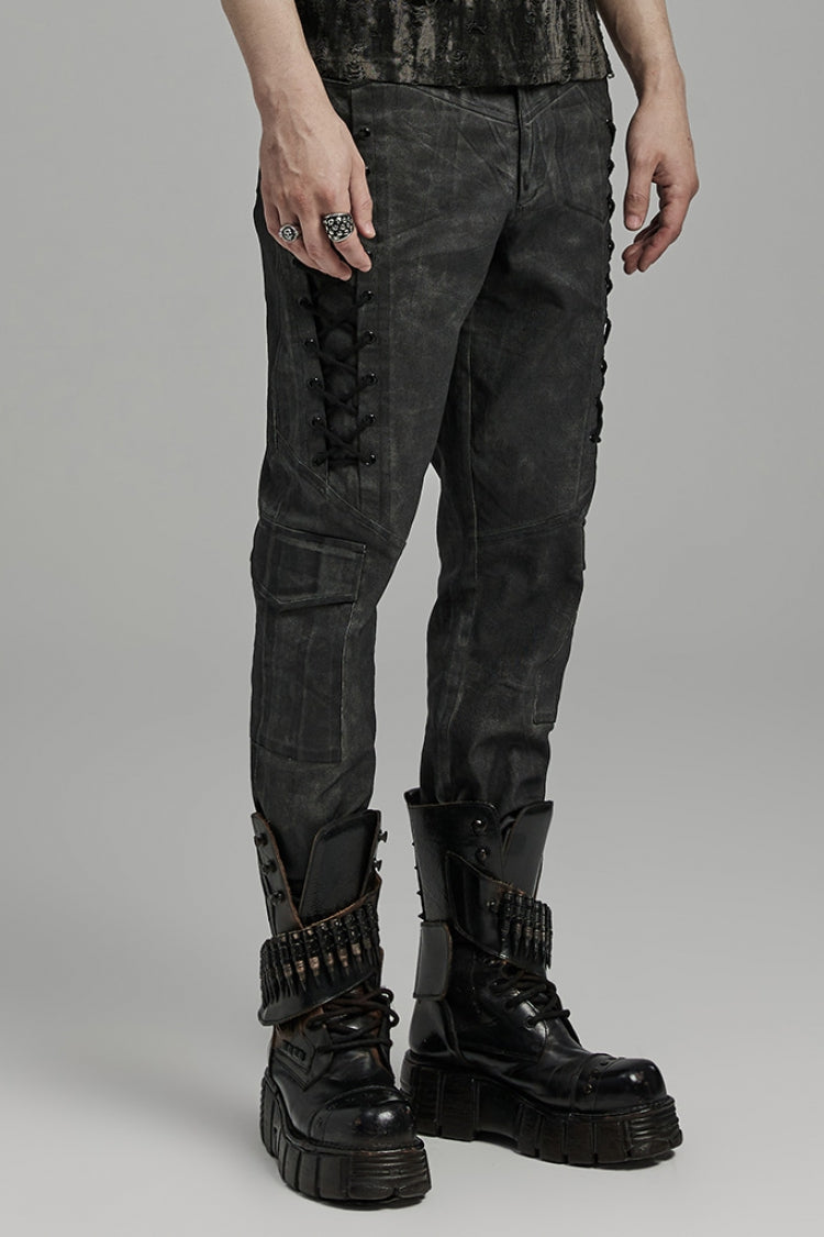 Black Lace-Up Straps  Big-pocket Men's Punk Pants - Product - 2