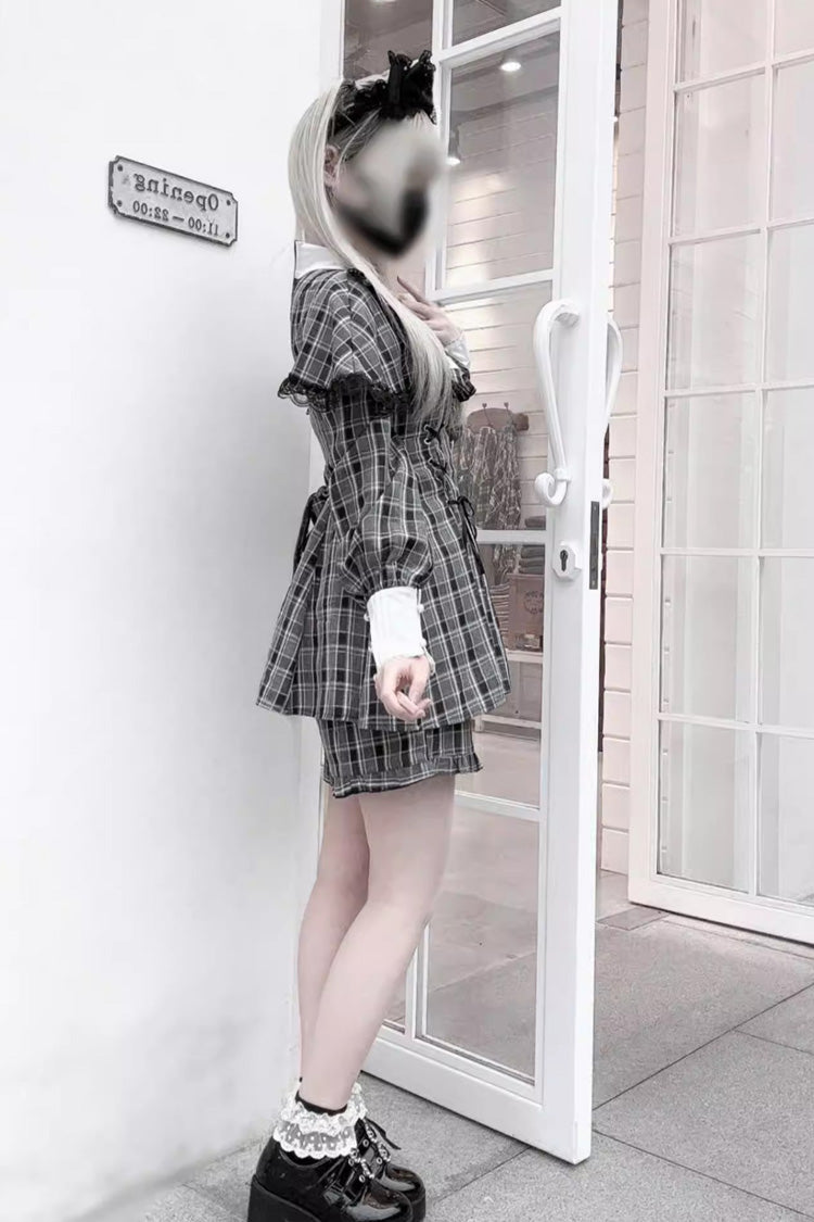 [Twilight Reimi] Long Sleeves Printed Ruffled Bow Lace Sweet Jirai Kei Japanese Dress Shorts Set 4 Colors - Product - 3