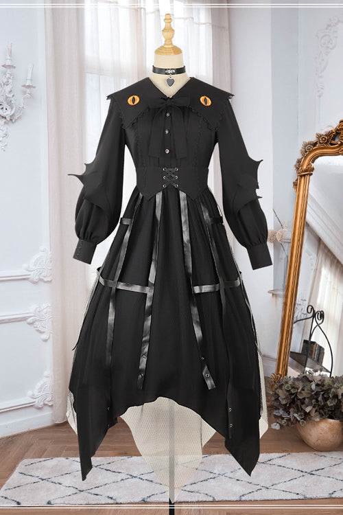 Black Lapel Collar Cat Eye Irregular Hem Gothic Lolita OP Dress - Product - 6