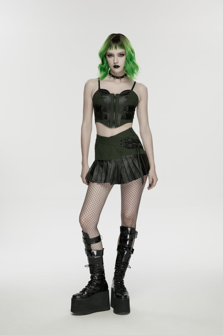 Black/Green Spliced Lace Lace-Up Slim Color-Blocked Zippered Women's Punk Cool Corset - Product - 8