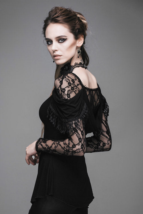 Black Rose Lace Long Sleeves Modal Womens Gothic T-Shirt - Product - 4