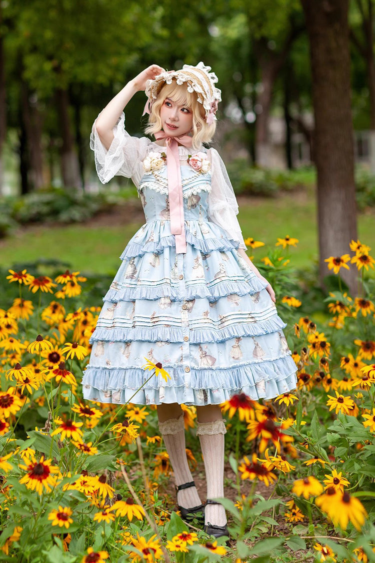 Miss Rabbit Dance Print Multi-layer Ruffle Sweet Elegant Lolita Jsk Dress 4 Colors - Product - 8