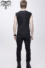 Black Patchwork Unedged Coarse Grain Leather Long Pointed Nails Distressed Men's Punk Vest - Product - 8