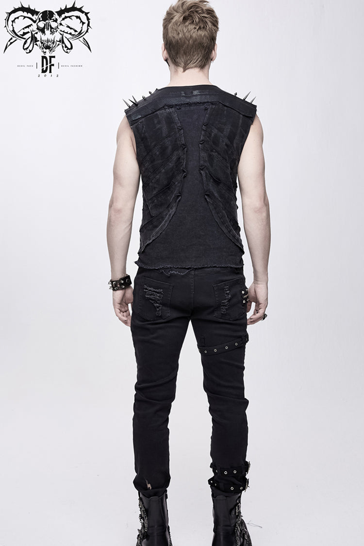 Black Patchwork Unedged Coarse Grain Leather Long Pointed Nails Distressed Men's Punk Vest - Product - 8