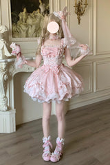 Pink [Sakura Bunny Ballad] Square Collar Flutter Sleeves Jacquard Ruffled Bow Lace Sweet Elegant Luxurious Short Lolita Jsk Dress - Product - 14