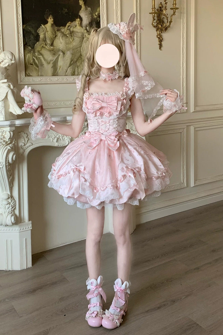 Pink [Sakura Bunny Ballad] Square Collar Flutter Sleeves Jacquard Ruffled Bow Lace Sweet Elegant Luxurious Short Lolita Jsk Dress - Product - 14