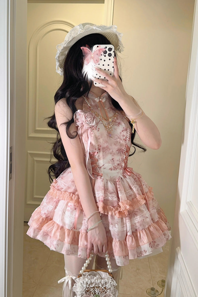 Peach Moon Bamboo Halterneck Multi-layer Print Ruffle Sweet Chinese Style Lolita Dress 2 Colors - Product - 12