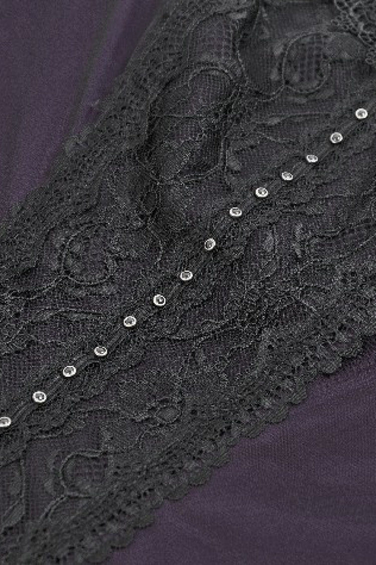 Purple Sheer Lace Square-Cut Collar Double-Layered Long Flared Sleeves  Lace-Up Women's Gothic Maxi Dress - Product - 12