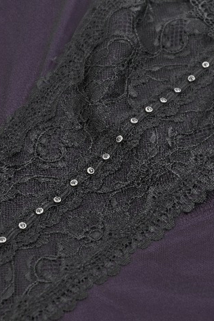 Purple Sheer Lace Square-Cut Collar Double-Layered Long Flared Sleeves  Lace-Up Women's Gothic Maxi Dress - Product - 12