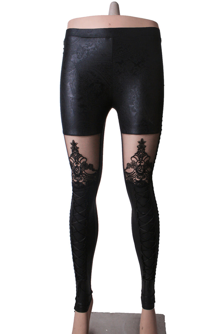 Black Flocking Bind Lace Skinny Women's Gothic Leggings - Product - 4