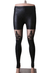 Black Flocking Bind Lace Skinny Women's Gothic Leggings - Product - 4