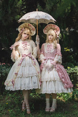 Pink [Lilica Garden] Lapel Collar Short Trumpet Sleeves Ruffled Open-Front Bow Lace Sweet Elegant Luxurious Lolita Dress - Product - 7