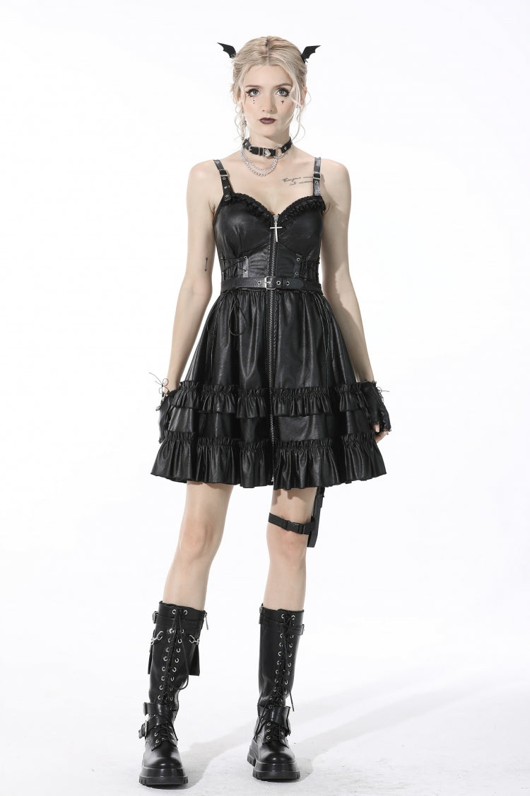 Black Sleeveless Layered Buckled Zippered Women's Gothic Faux Leather Strap Dress - Product - 6