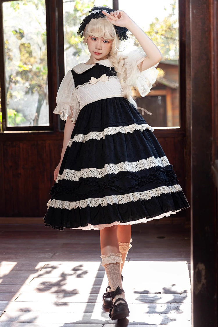 Kindergarten Class Theme Short Sleeves Jacquard Ruffle Bowknot Sweet Lolita Dress 3 Colors - Black/White - 11