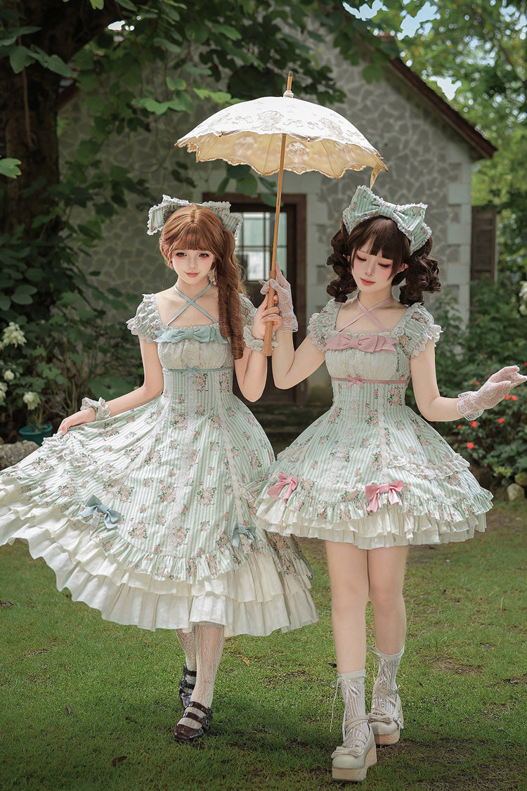 Green [An Encounter with Austin] Square Collar Short Sleeves Multi-Layered Rose Printed Ruffled Bow Lace Sweet Lolita Dress 2 Versions - Product - 4