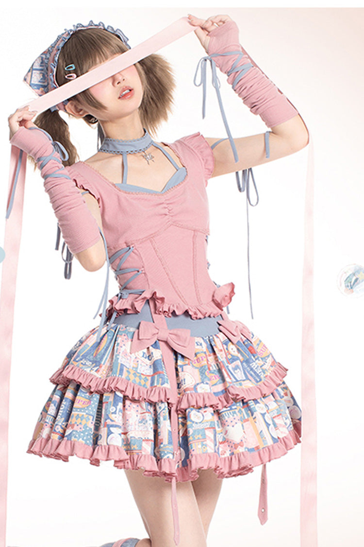 Pink Double-Layered Pop Advertising Paper Print Ruffle Bowknot Sweet Lolita Skirt Set - Product - 9