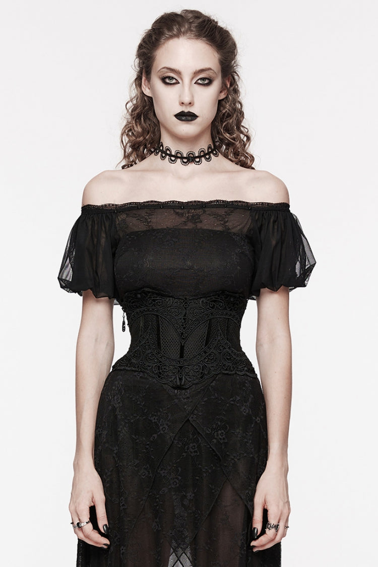 Black Floral Embroidery Mesh Women's Gothic Underbust Corset - Black - 1