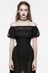 Black Floral Embroidery Mesh Women's Gothic Underbust Corset - Black - 1