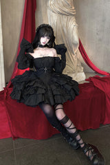 Black Sleeveless Triple-Layered Ruffle Bowknot Lace Gothic Princess Lolita Dress - Product - 4