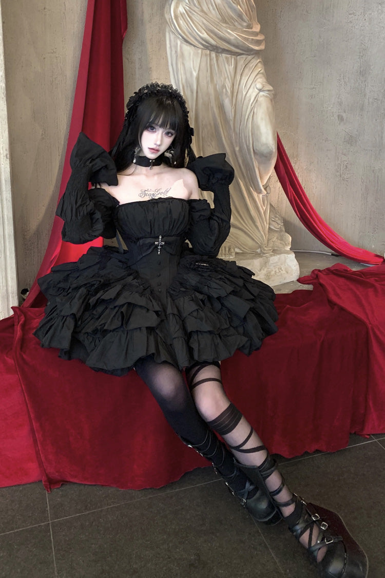 Black Sleeveless Triple-Layered Ruffle Bowknot Lace Gothic Princess Lolita Dress - Product - 4
