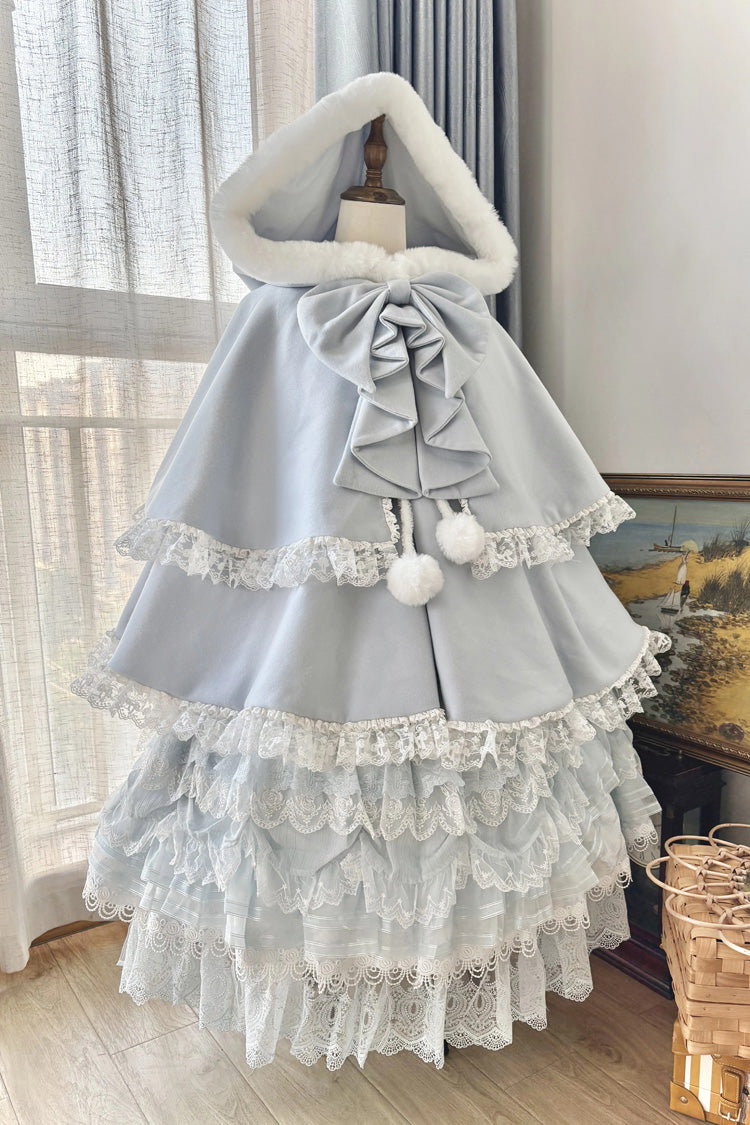 [Velvet Butterfly] Ruffle Bowknot Lace Hooded Sweet Lolita Dress Cloak Coat 4 Colors - Blue - 1