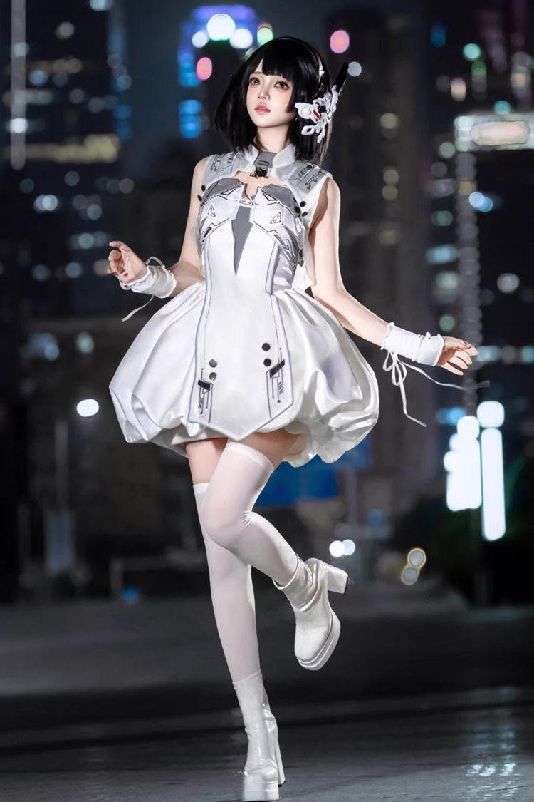 White [Tech Light Realm] Sleeveless Printed Sci-Fi Techwear Futuristic Punk Lolita Jsk Dress Set - White(Set) - 1