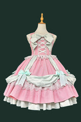 Pink [Gift Box] Sleeveless Double-Layered Ruffled Bow Lace-Up Sweet Lolita Jsk Dress - Pink - 1