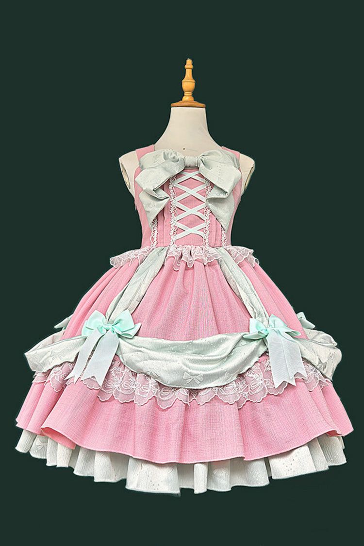 Pink [Gift Box] Sleeveless Double-Layered Ruffled Bow Lace-Up Sweet Lolita Jsk Dress - Pink - 1
