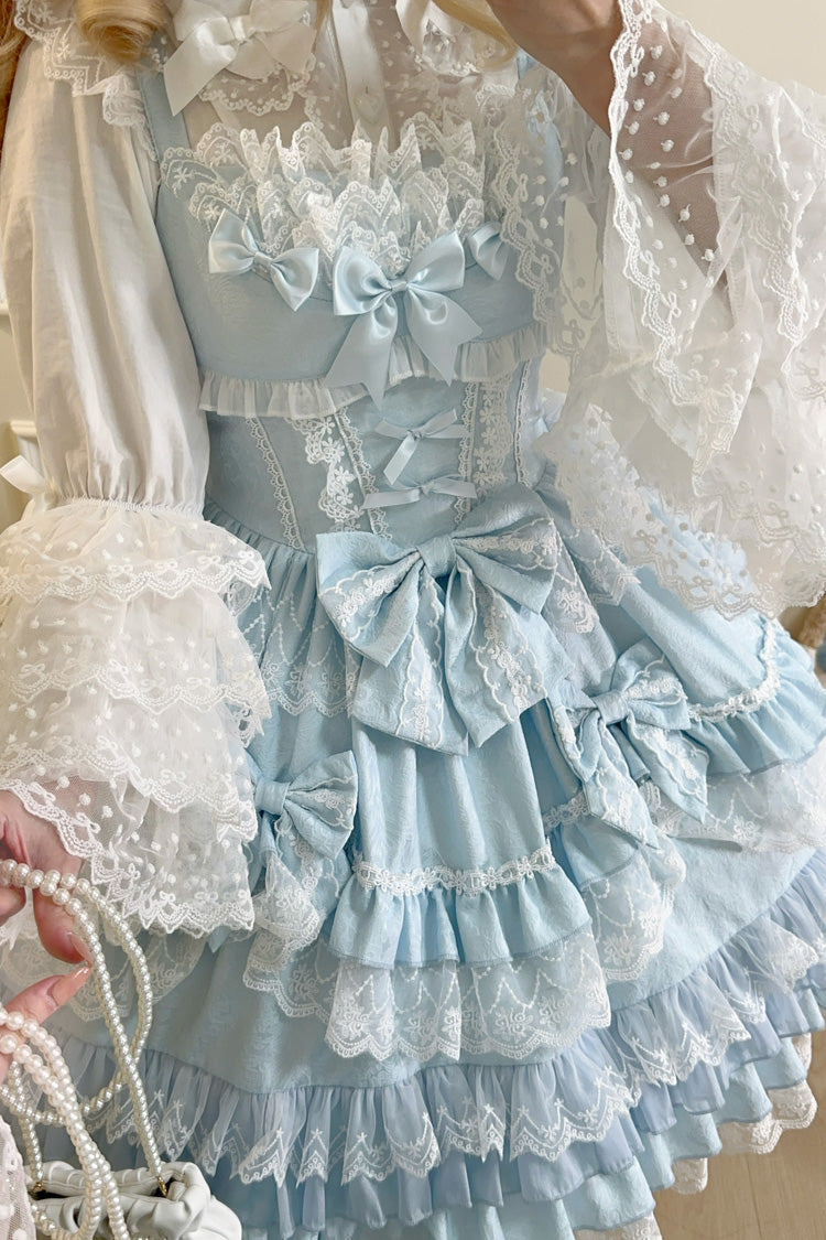 Blue Multi-Layered Ruffle Bowknot Stitching Lace Sweet Lolita Jsk Dress - Product - 5