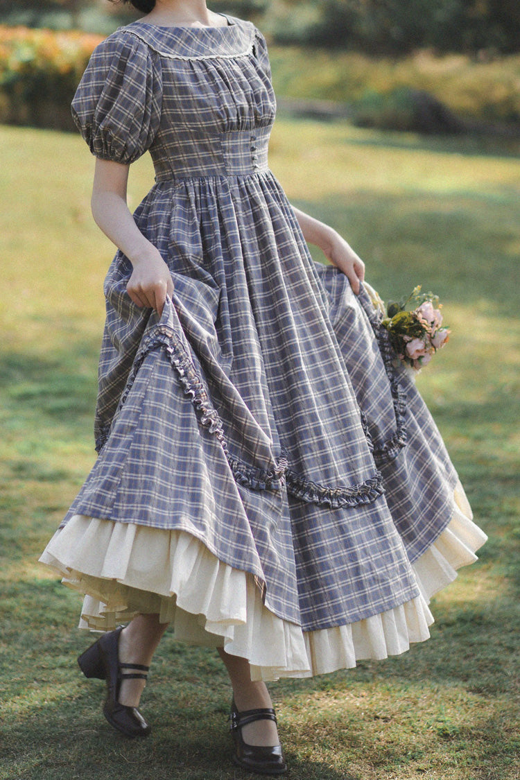 Grey/Blue [Forest Picnic] Boat Neck Short Sleeves Printed Lift-Hem Ruffled Classic Vintage Elegant Lolita Dress - Product - 3