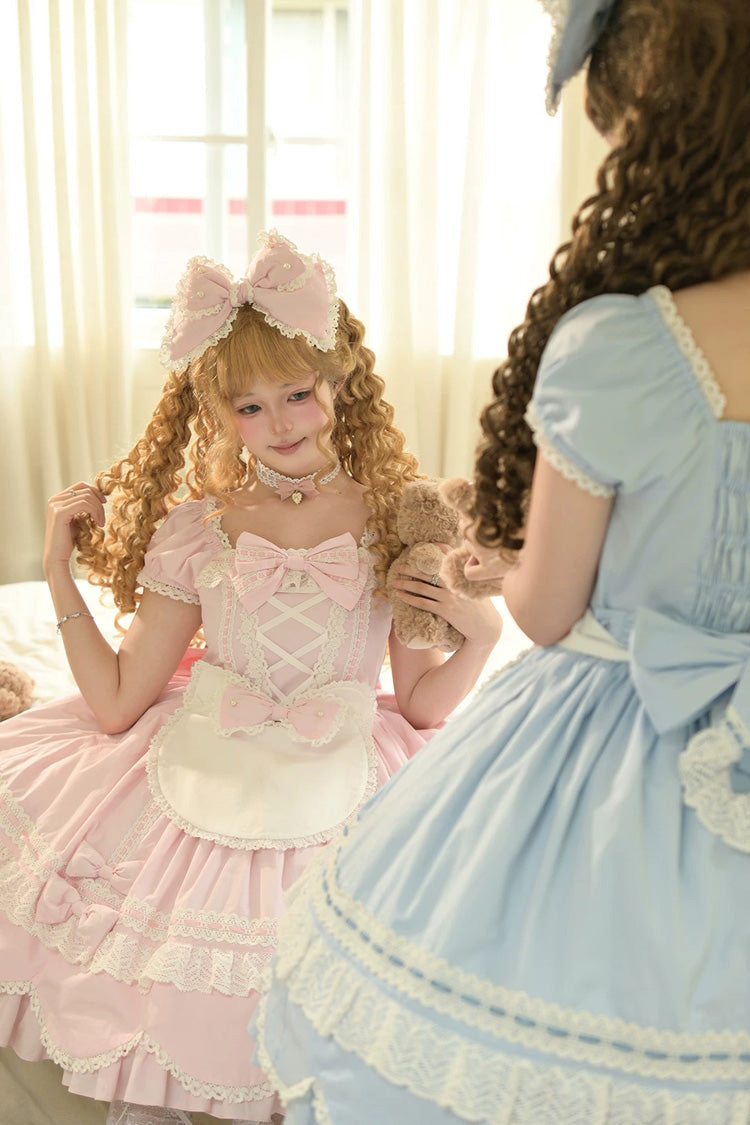 Pink [Petal Bunny] Cotton Square Collar Short Sleeves Double-Layered Ruffled Bow Lace Lace-Up Sweet Lolita Dress - Product - 23
