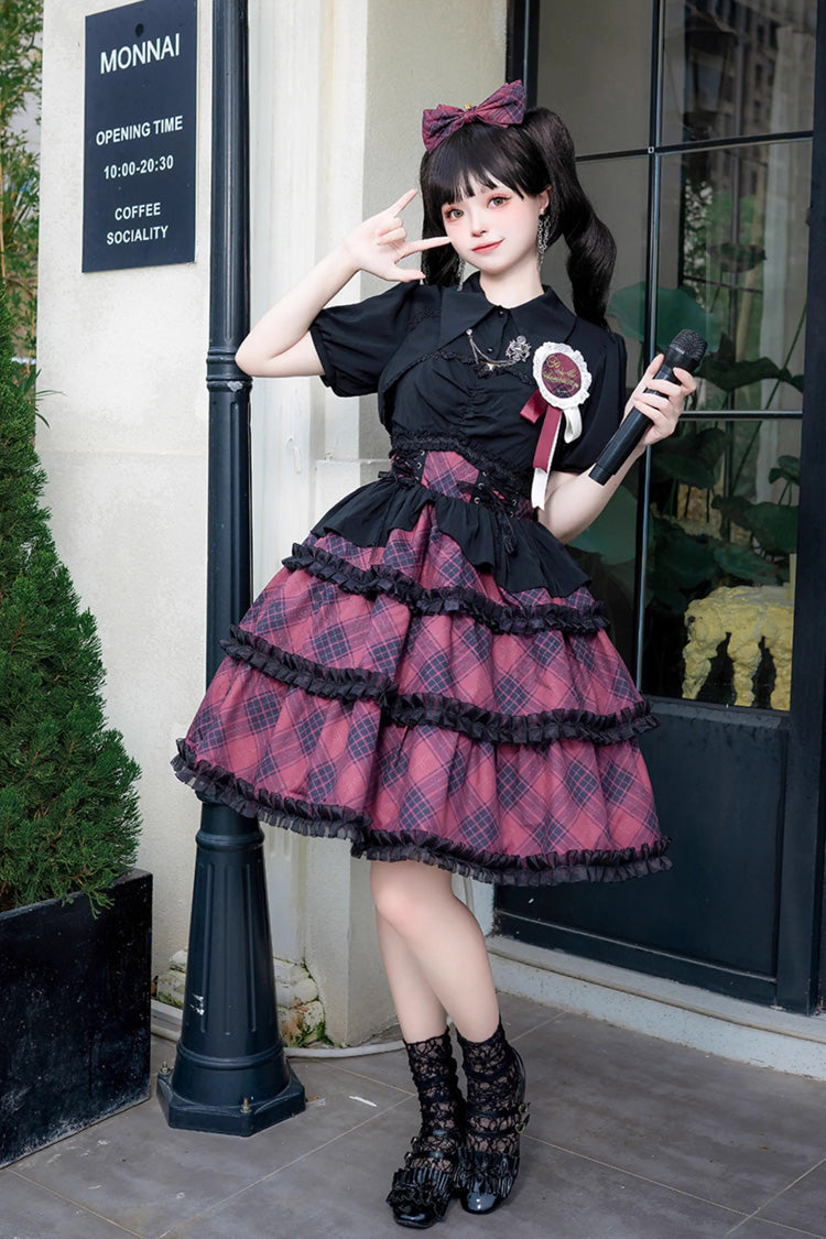 Multi-layer Margaret Plaid Print Sleeveless Sweet Lolita Dress 4 Colors - Wine - 7