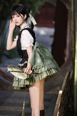 Black/Green Multi-Layered Bamboo Leaves Print Ruffle Bowknot Sweet Chinese Style Lolita Skirt Set - Product - 6