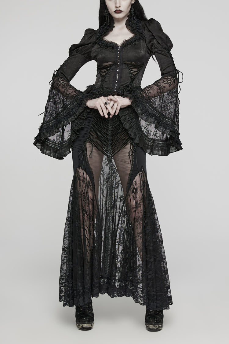 Black Gorgeous Adjustable Tightness Long Puff Sleeves Womens Gothic Blouse - Black - 1