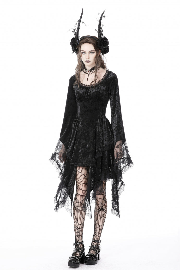 Black Irregular Long Trumpet Sleeves Lace Spliced Women's Gothic Velvet Graduation Dress - Product - 9